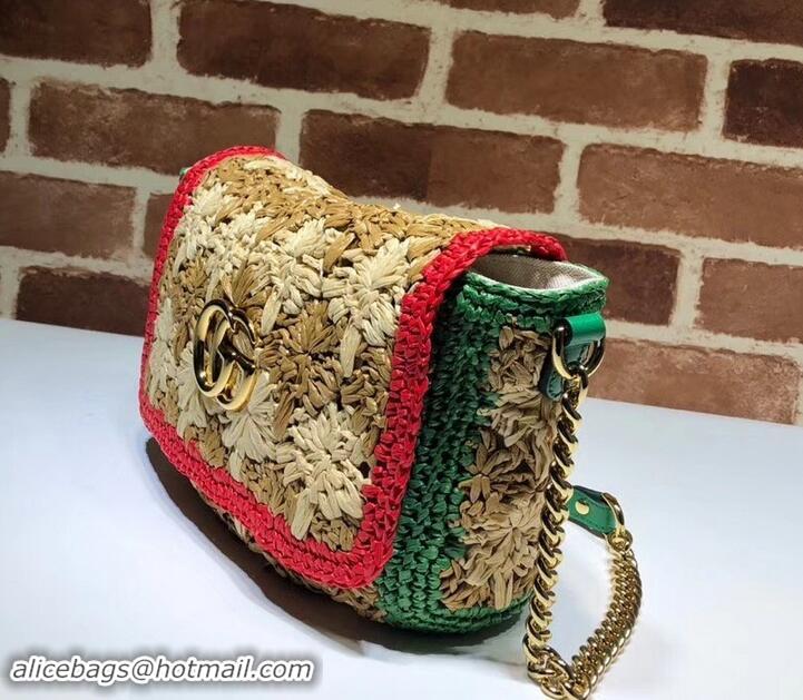 Perfect Gucci GG Marmont Raffia With Crochet Flower Small Shoulder Bag 574433 Beige/Green/Red 2019