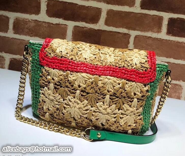 Perfect Gucci GG Marmont Raffia With Crochet Flower Small Shoulder Bag 574433 Beige/Green/Red 2019