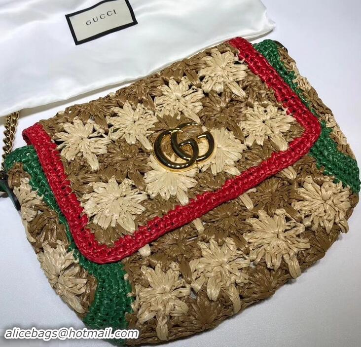 Perfect Gucci GG Marmont Raffia With Crochet Flower Small Shoulder Bag 574433 Beige/Green/Red 2019