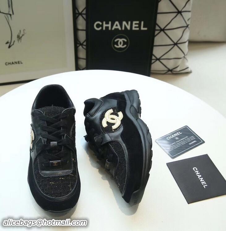 Free Shipping Discount Chanel Suede Calfskin Sneakers G34360 Tweed Black 2019