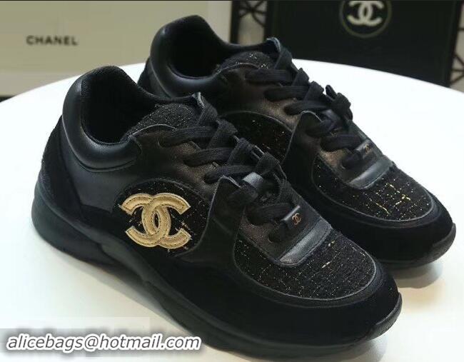 Free Shipping Discount Chanel Suede Calfskin Sneakers G34360 Tweed Black 2019