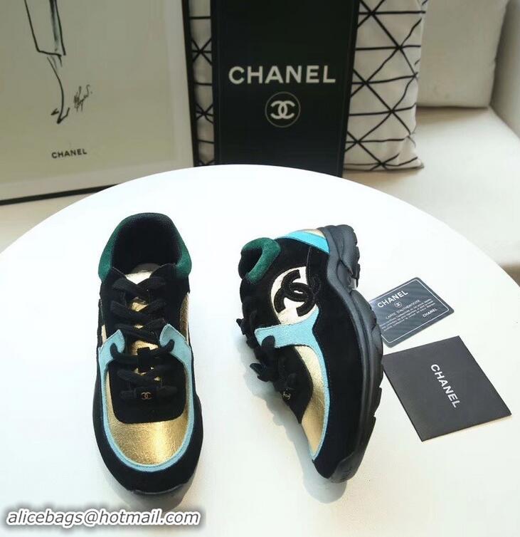 Trendy Design Chanel Suede Calfskin Sneakers G34360 Fabric Black/Gold/Turquoise 2019