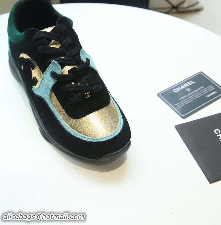 Trendy Design Chanel Suede Calfskin Sneakers G34360 Fabric Black/Gold/Turquoise 2019