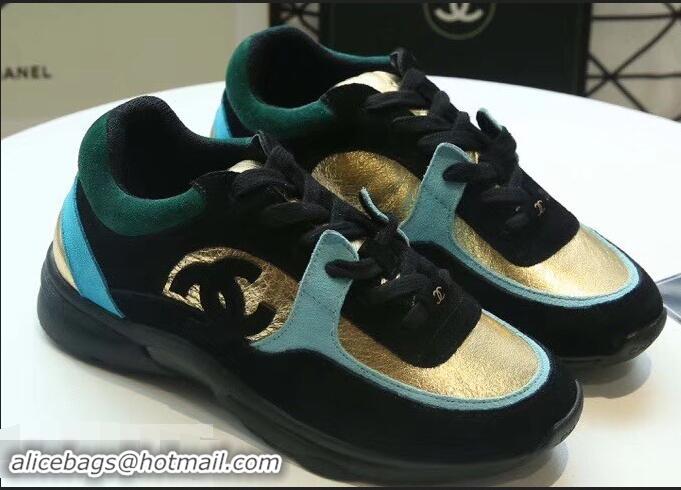 Trendy Design Chanel Suede Calfskin Sneakers G34360 Fabric Black/Gold/Turquoise 2019