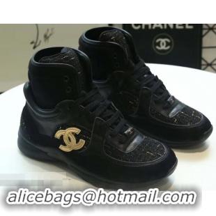 Famous Brand Chanel CC Logo High-top Sneakers G35060 Suede Tweed Black 2019