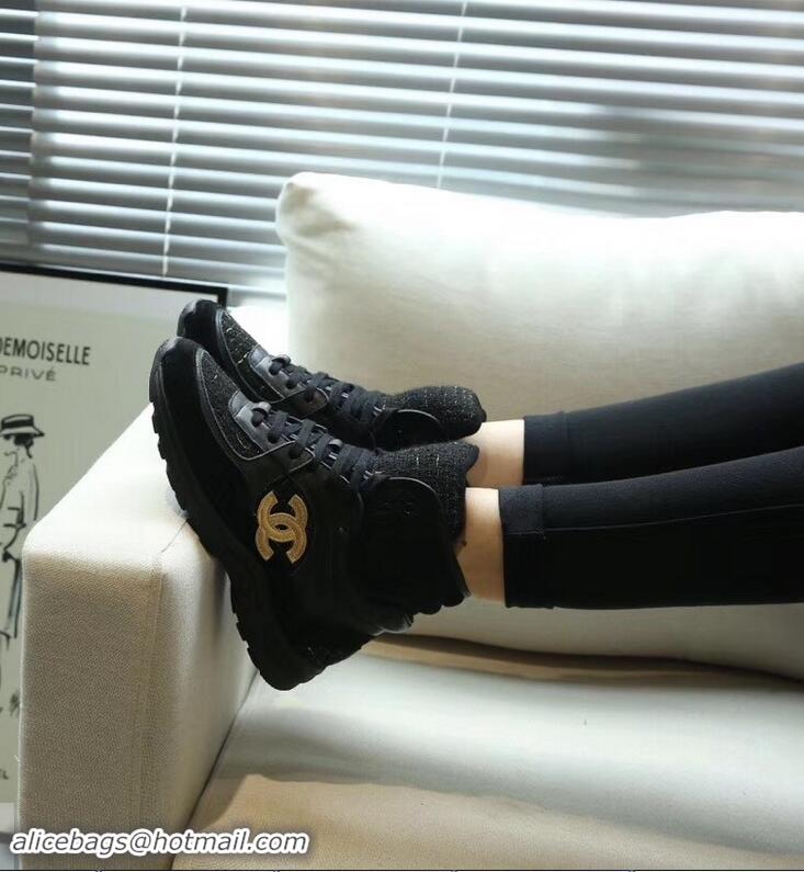 Famous Brand Chanel CC Logo High-top Sneakers G35060 Suede Tweed Black 2019