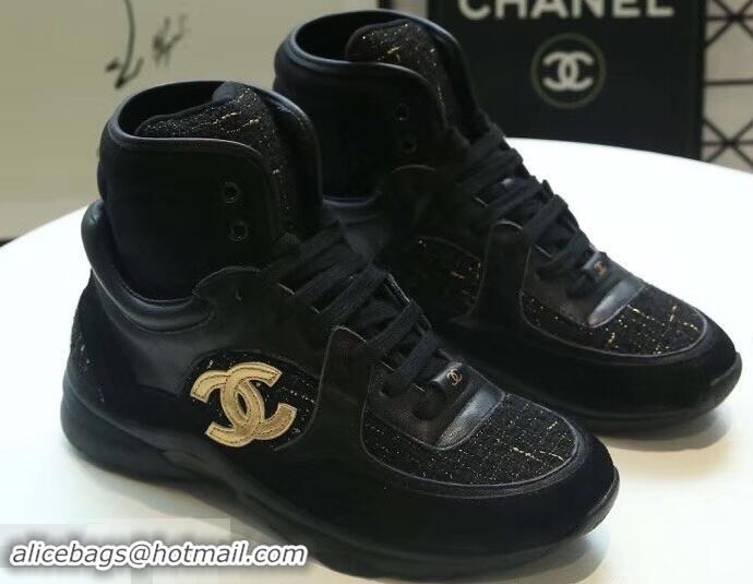 Famous Brand Chanel CC Logo High-top Sneakers G35060 Suede Tweed Black 2019