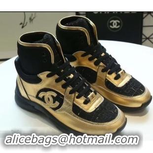 Popular Style Chanel CC Logo High-top Sneakers G35060 Tweed Gold/Black 2019