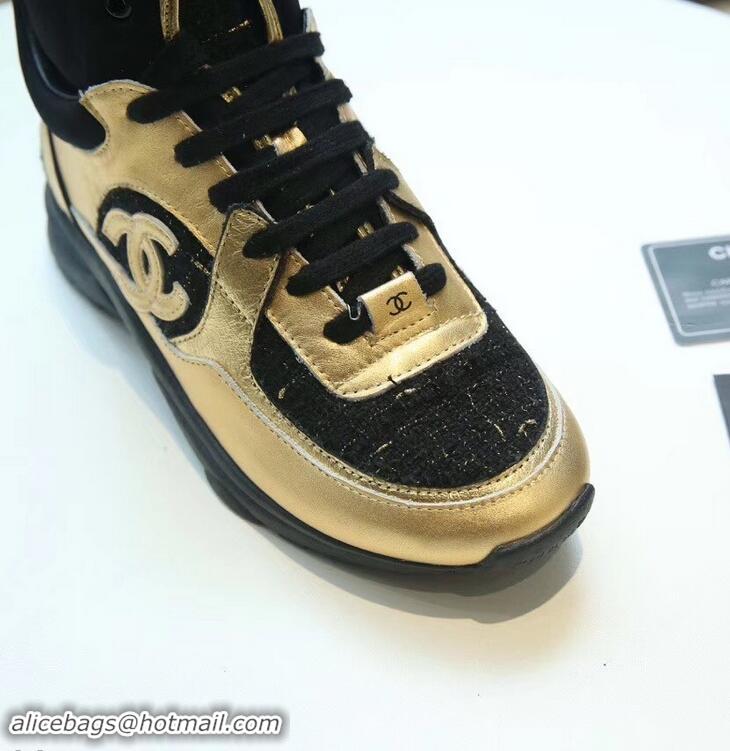 Popular Style Chanel CC Logo High-top Sneakers G35060 Tweed Gold/Black 2019