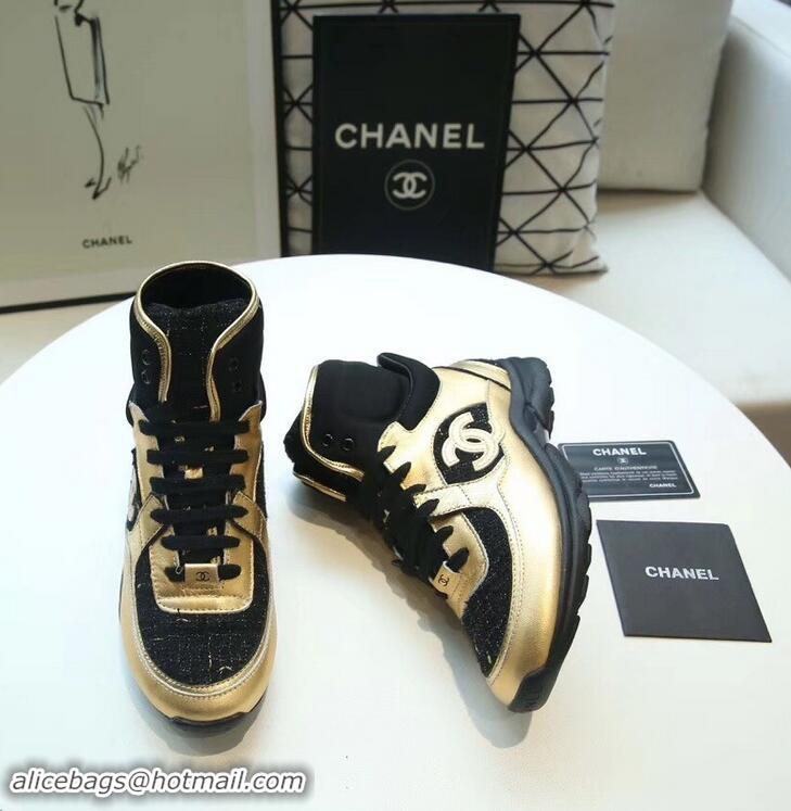 Popular Style Chanel CC Logo High-top Sneakers G35060 Tweed Gold/Black 2019