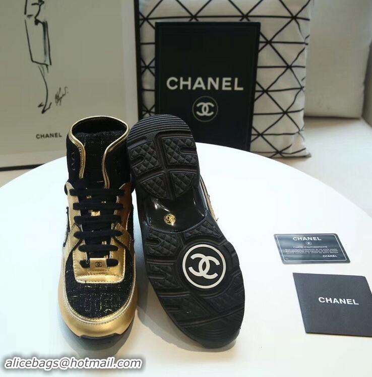 Popular Style Chanel CC Logo High-top Sneakers G35060 Tweed Gold/Black 2019