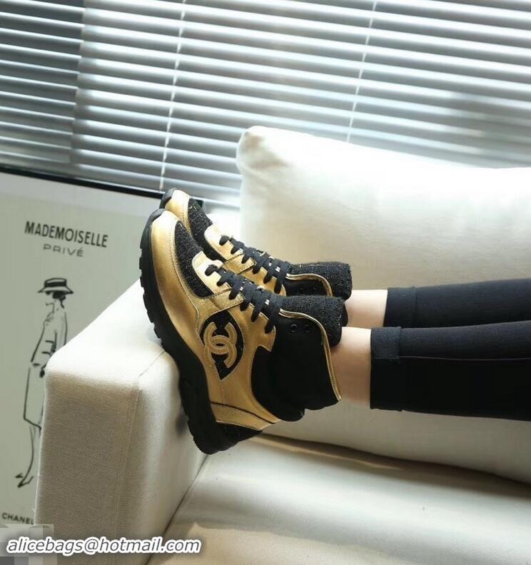 Popular Style Chanel CC Logo High-top Sneakers G35060 Tweed Gold/Black 2019