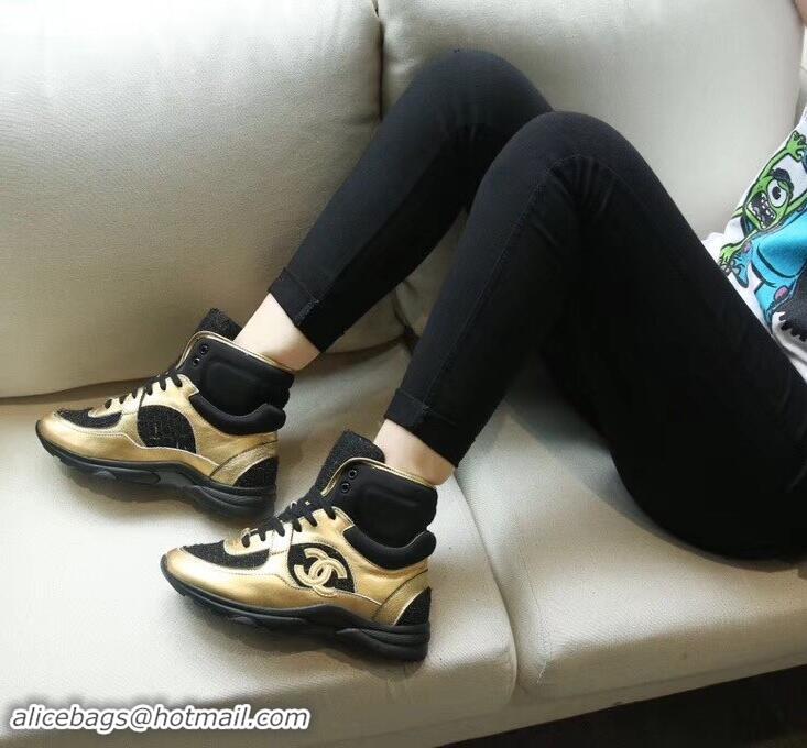 Popular Style Chanel CC Logo High-top Sneakers G35060 Tweed Gold/Black 2019