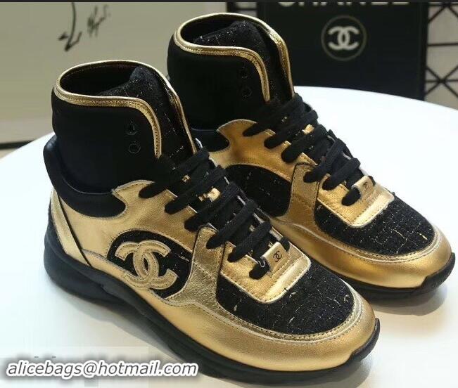 Popular Style Chanel CC Logo High-top Sneakers G35060 Tweed Gold/Black 2019