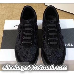 Grade Low Cost Chanel Camellia Embroidery Lace-Ups G34815 Black 2019