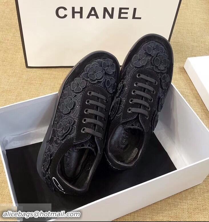 Grade Low Cost Chanel Camellia Embroidery Lace-Ups G34815 Black 2019