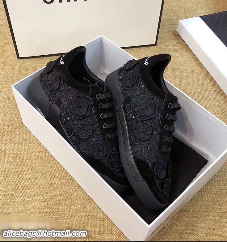 Grade Low Cost Chanel Camellia Embroidery Lace-Ups G34815 Black 2019