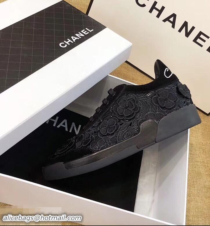 Grade Low Cost Chanel Camellia Embroidery Lace-Ups G34815 Black 2019