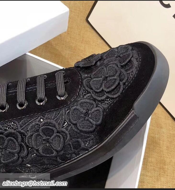 Grade Low Cost Chanel Camellia Embroidery Lace-Ups G34815 Black 2019