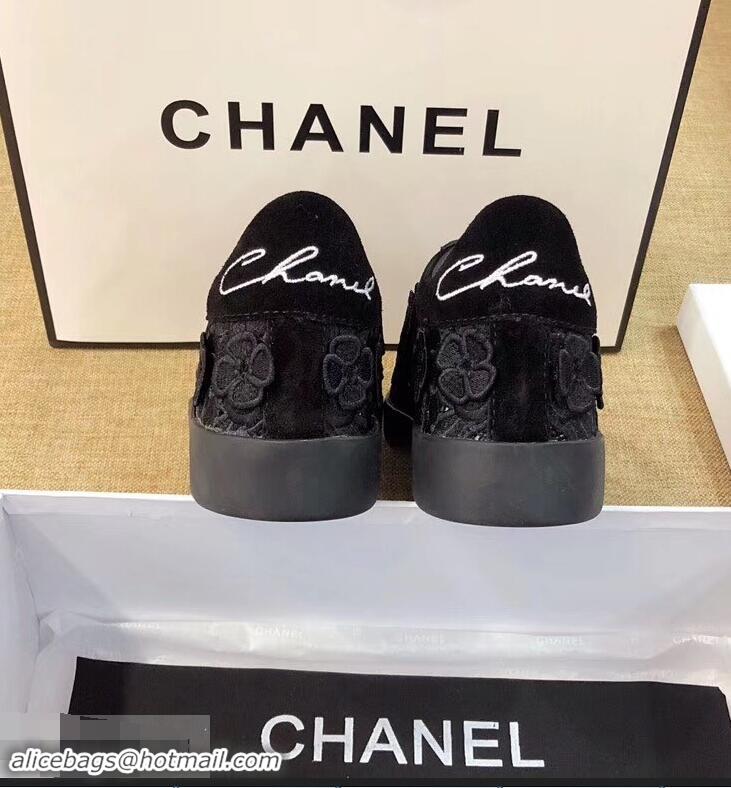 Grade Low Cost Chanel Camellia Embroidery Lace-Ups G34815 Black 2019