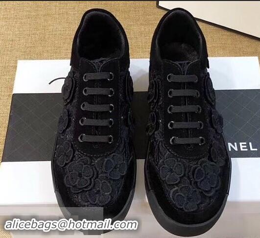 Grade Low Cost Chanel Camellia Embroidery Lace-Ups G34815 Black 2019