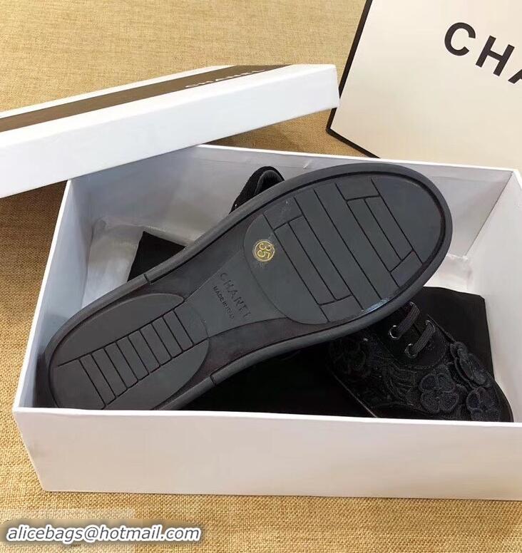 Grade Low Cost Chanel Camellia Embroidery Lace-Ups G34815 Black 2019