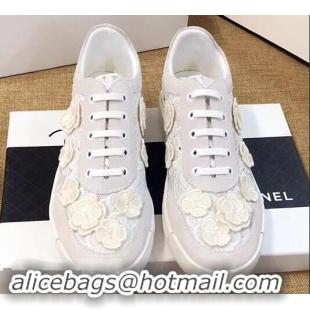 Popular Discount Chanel Camellia Embroidery Lace-Ups G34815 White 2019