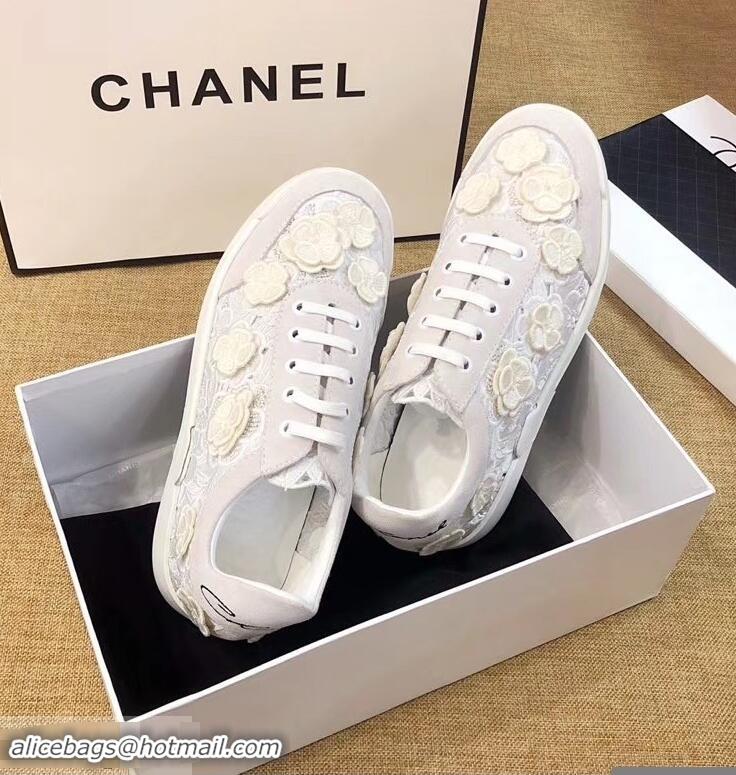 Popular Discount Chanel Camellia Embroidery Lace-Ups G34815 White 2019