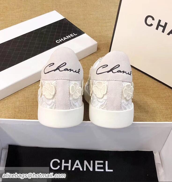 Popular Discount Chanel Camellia Embroidery Lace-Ups G34815 White 2019