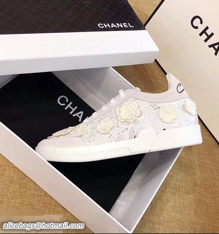 Popular Discount Chanel Camellia Embroidery Lace-Ups G34815 White 2019