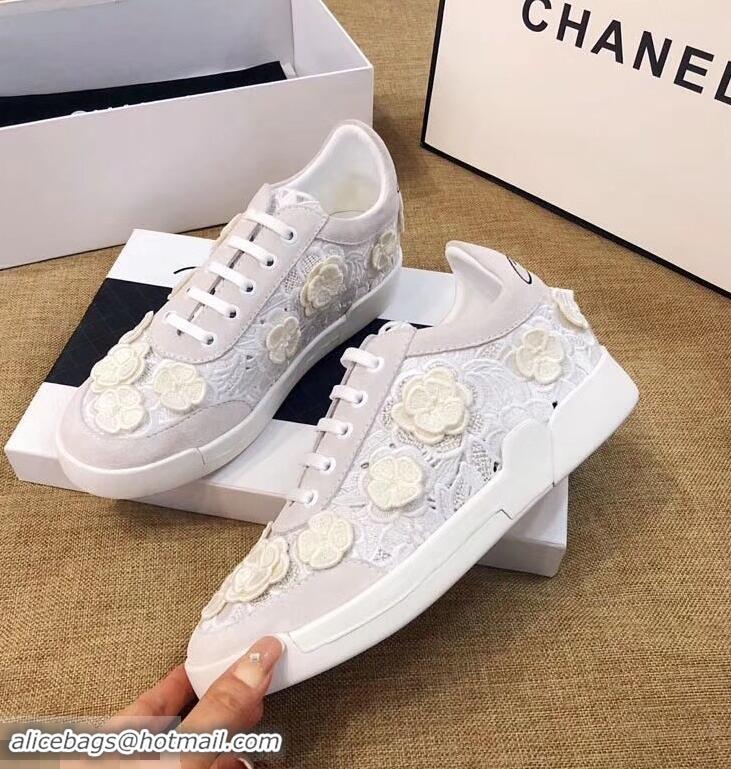 Popular Discount Chanel Camellia Embroidery Lace-Ups G34815 White 2019