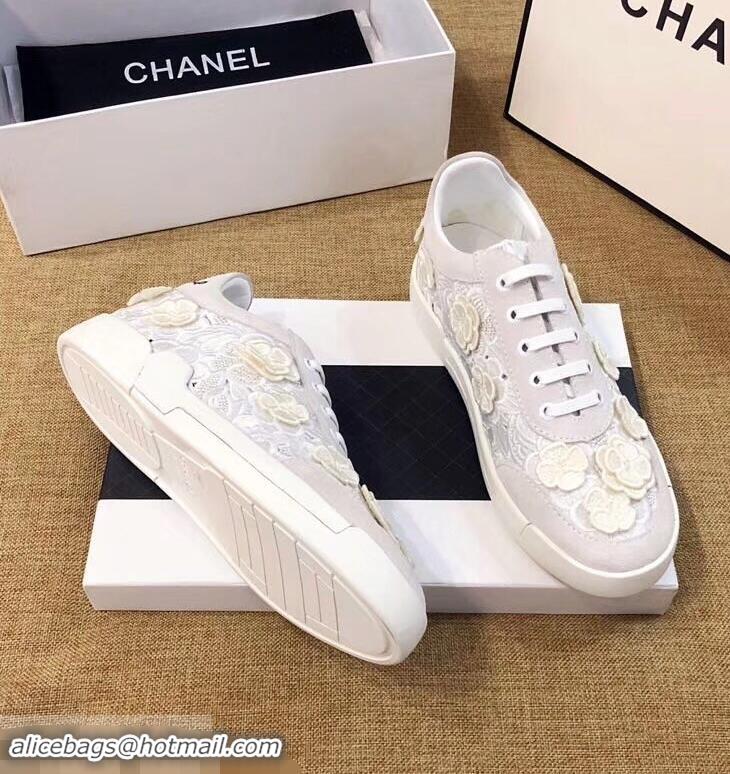 Popular Discount Chanel Camellia Embroidery Lace-Ups G34815 White 2019