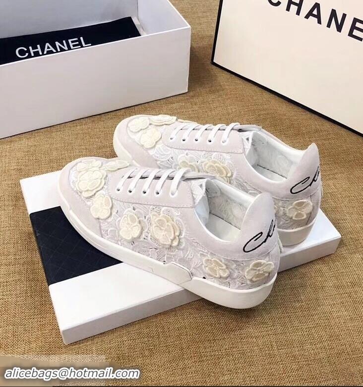 Popular Discount Chanel Camellia Embroidery Lace-Ups G34815 White 2019