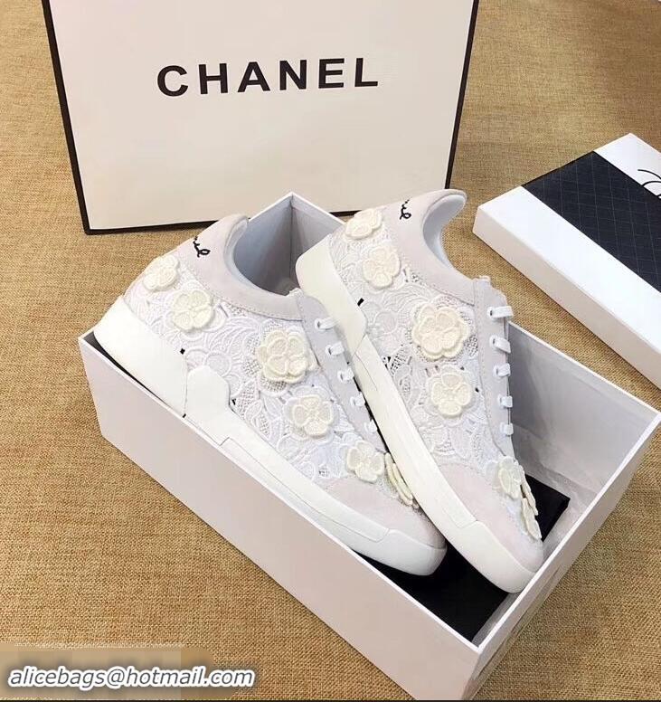 Popular Discount Chanel Camellia Embroidery Lace-Ups G34815 White 2019