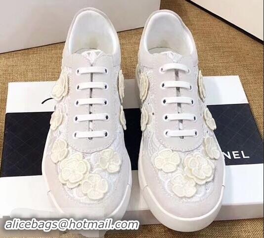 Popular Discount Chanel Camellia Embroidery Lace-Ups G34815 White 2019