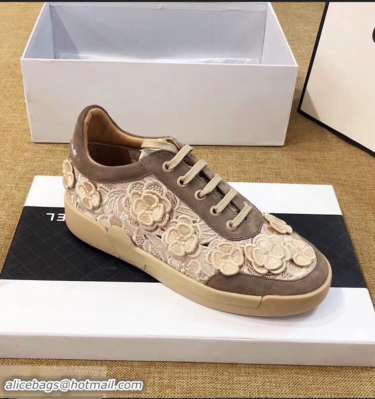 Unique Discount Chanel Camellia Embroidery Lace-Ups G34815 Coffee 2019