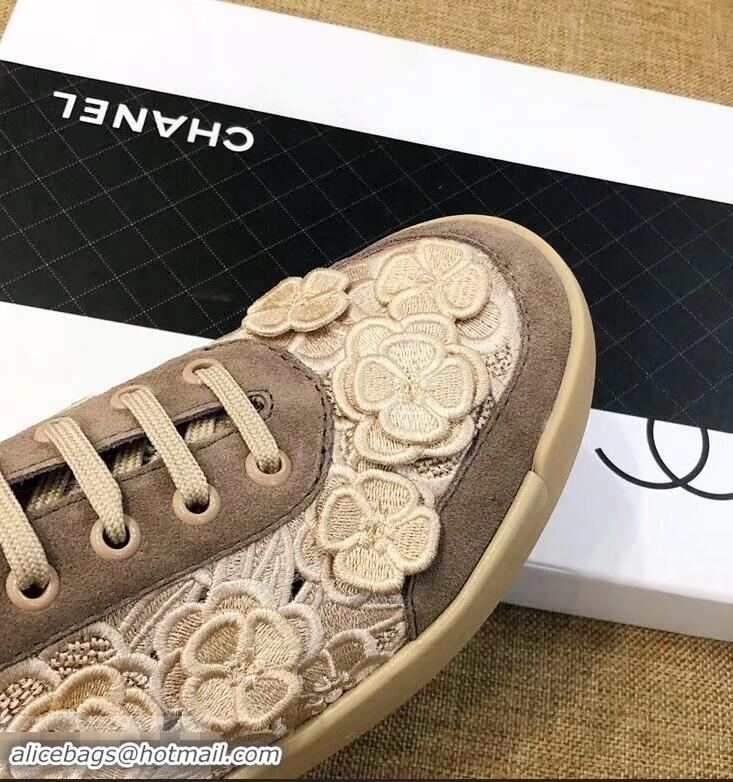 Unique Discount Chanel Camellia Embroidery Lace-Ups G34815 Coffee 2019