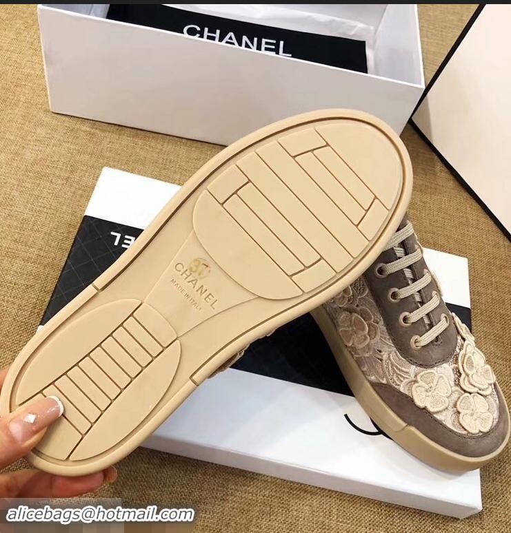 Unique Discount Chanel Camellia Embroidery Lace-Ups G34815 Coffee 2019