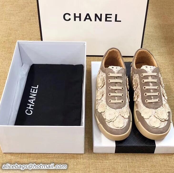 Unique Discount Chanel Camellia Embroidery Lace-Ups G34815 Coffee 2019