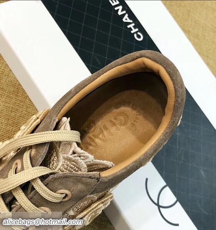 Unique Discount Chanel Camellia Embroidery Lace-Ups G34815 Coffee 2019