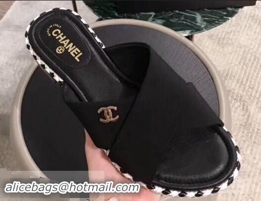 Unique Style Chanel CC Logo Crossover Mules G35019 Black 2019