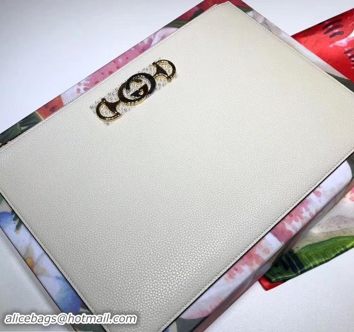 Grade Quality Gucci Zumi Grainy Leather Pouch Clutch Bag 570728 White 2019 