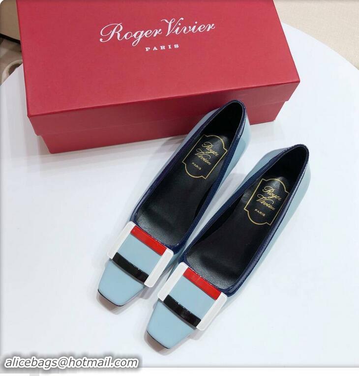 Ladies Cheap Roger Vivier Heel 4.5cm Patent Leather Buckle Pump R7804 Light Blue 2018