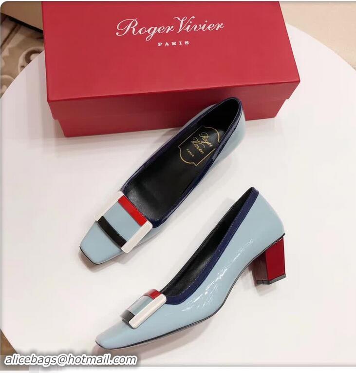 Ladies Cheap Roger Vivier Heel 4.5cm Patent Leather Buckle Pump R7804 Light Blue 2018