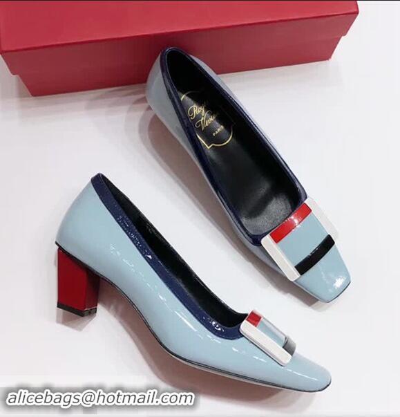 Ladies Cheap Roger Vivier Heel 4.5cm Patent Leather Buckle Pump R7804 Light Blue 2018