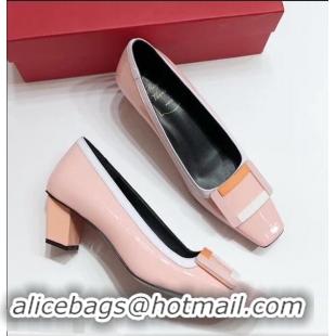 Luxury Cheap Roger Vivier Heel 4.5cm Patent Leather Buckle Pump R7804 Pink 2018