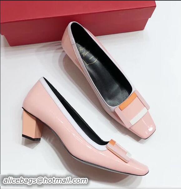 Luxury Cheap Roger Vivier Heel 4.5cm Patent Leather Buckle Pump R7804 Pink 2018