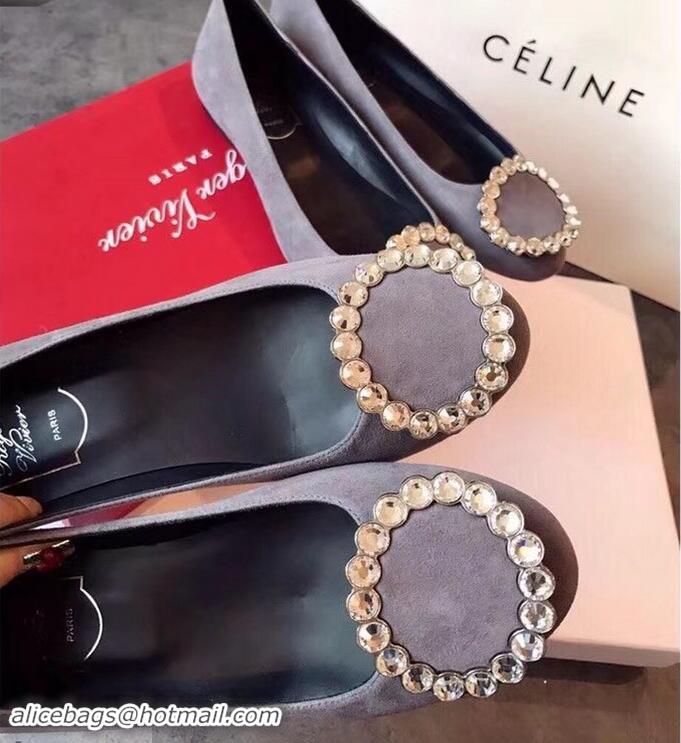 Classic Discount Roger Vivier Suede Crystal Round Buckle Flats R8313 Grey 2018