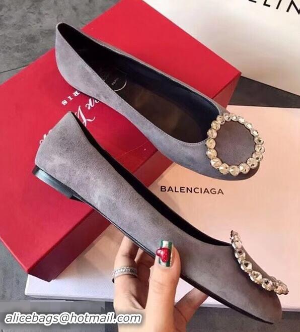 Classic Discount Roger Vivier Suede Crystal Round Buckle Flats R8313 Grey 2018