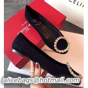 Newest Roger Vivier Suede Crystal Round Buckle Flats R8315 Black 2018